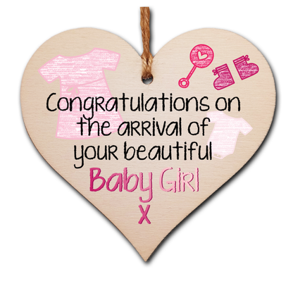 Handmade Wooden Hanging Heart Plaque Gift Congratulations on the arrival of your beautiful baby girl new baby present new parents pink nursery wall decoration crayon style
