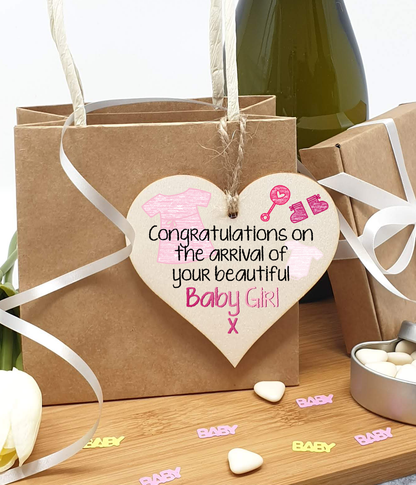 Handmade Wooden Hanging Heart Plaque Gift Congratulations on the arrival of your beautiful baby girl new baby present new parents pink nursery wall decoration crayon style