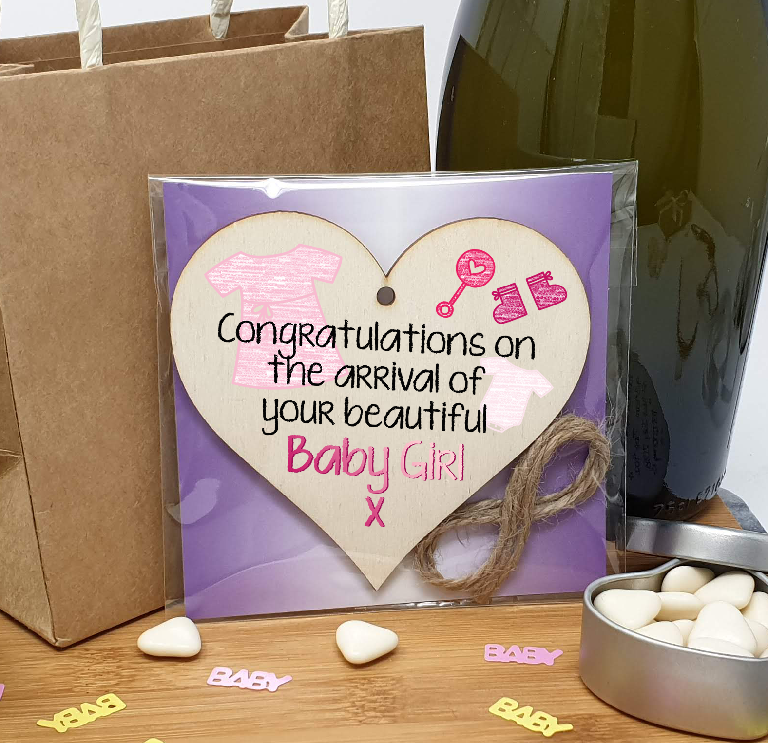 Handmade Wooden Hanging Heart Plaque Gift Congratulations on the arrival of your beautiful baby girl new baby present new parents pink nursery wall decoration crayon style