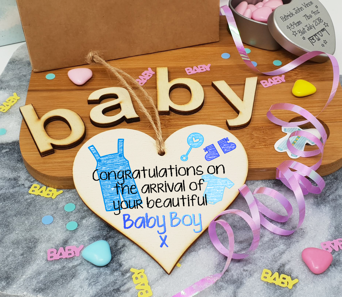 Handmade Wooden Hanging Heart Plaque Gift Congratulations on the arrival of your beautiful baby boy new baby present new parents blue nursery wall decoration crayon style