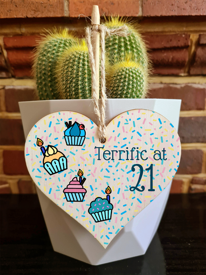 Handmade Wooden Hanging Heart Plaque Gift Terrific at Twenty One Birthday Card Alternative Wall Hanger Bottle Decoration