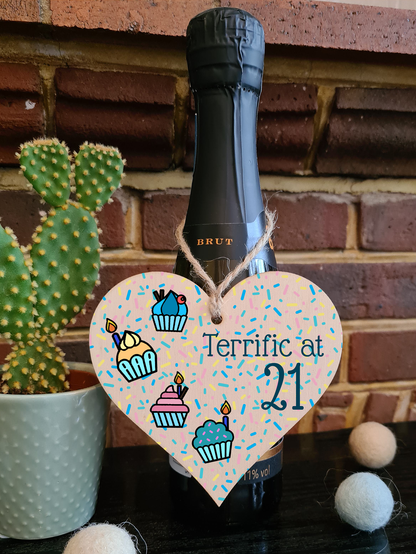 Handmade Wooden Hanging Heart Plaque Gift Terrific at Twenty One Birthday Card Alternative Wall Hanger Bottle Decoration