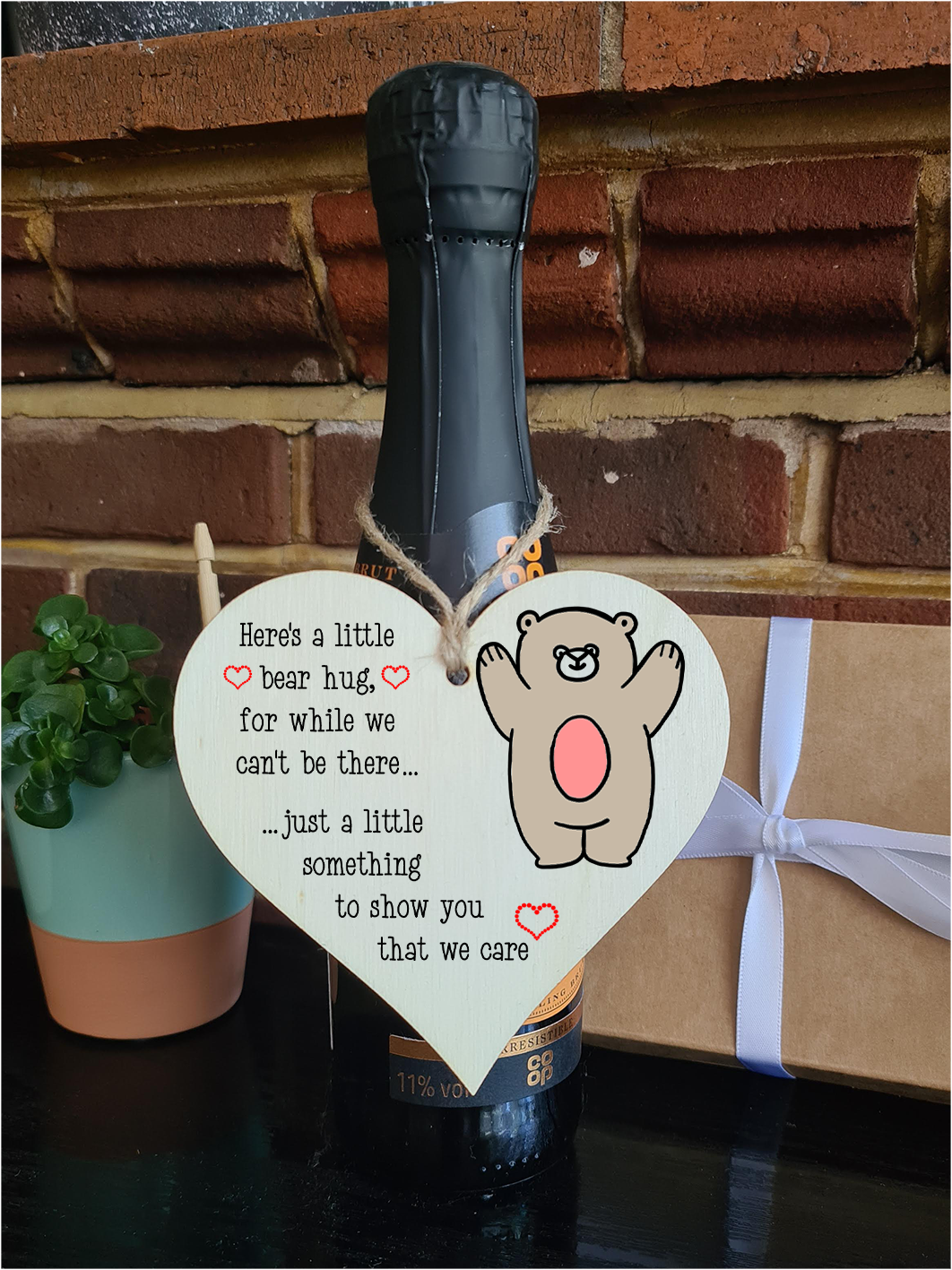 Handmade Wooden Hanging Heart Plaque Gift heres a little bear hug for while we can't be there miss you long distance wall hanger cute rainbow design for family friends grandparents