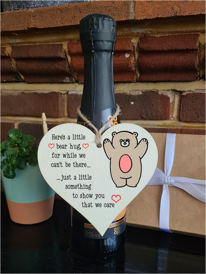 Handmade Wooden Hanging Heart Plaque Gift heres a little bear hug for while we can't be there miss you long distance wall hanger cute rainbow design for family friends grandparents