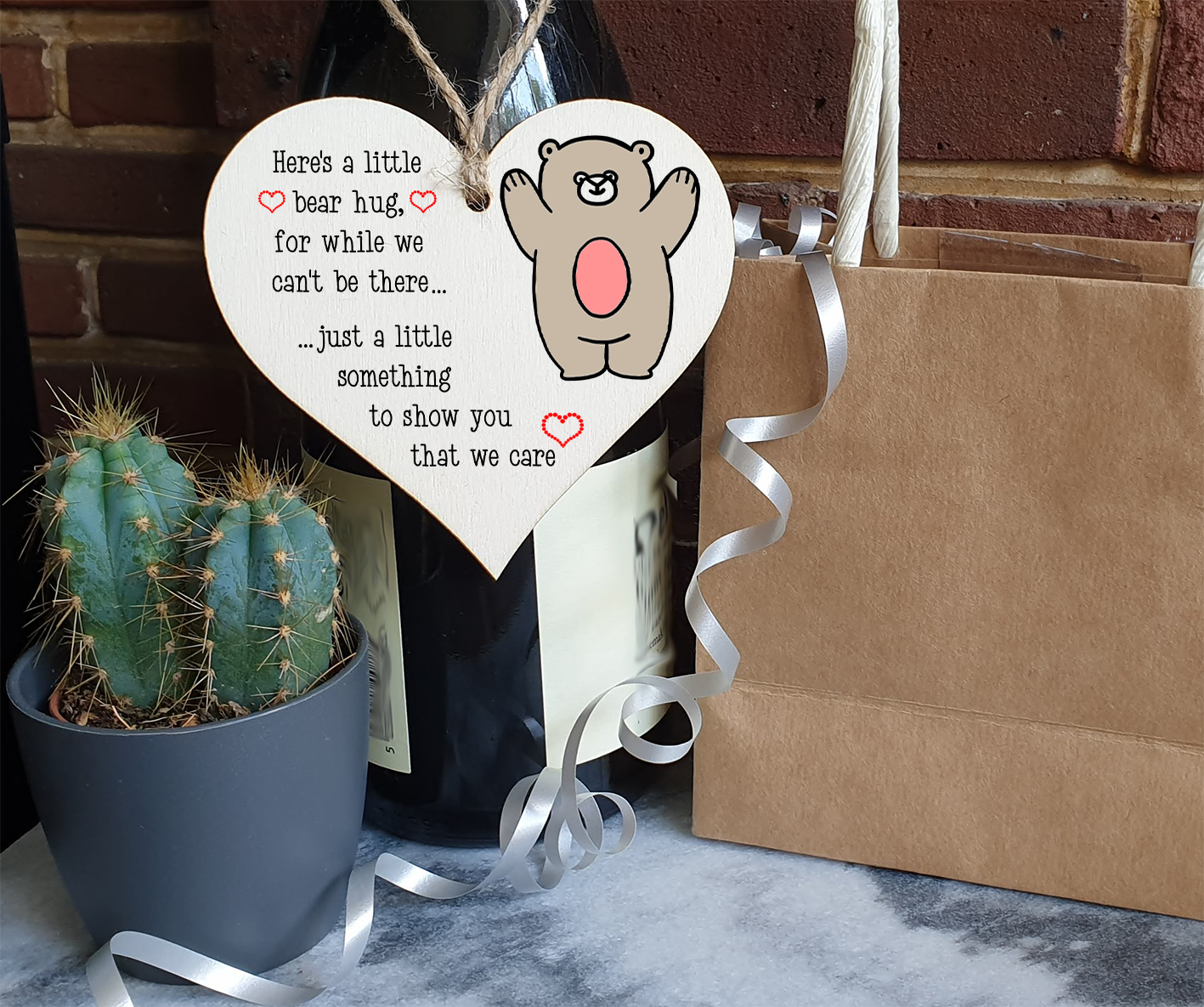 Handmade Wooden Hanging Heart Plaque Gift heres a little bear hug for while we can't be there miss you long distance wall hanger cute rainbow design for family friends grandparents