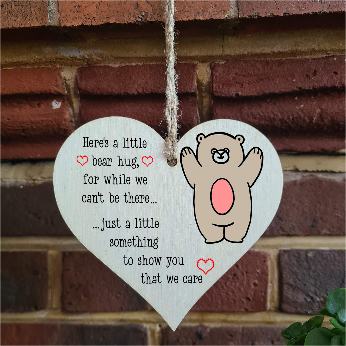 Handmade Wooden Hanging Heart Plaque Gift heres a little bear hug for while we can't be there miss you long distance wall hanger cute rainbow design for family friends grandparents
