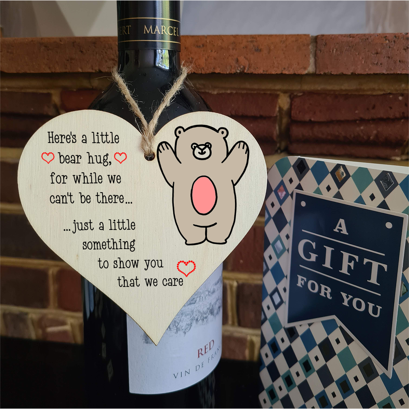 Handmade Wooden Hanging Heart Plaque Gift heres a little bear hug for while we can't be there miss you long distance wall hanger cute rainbow design for family friends grandparents