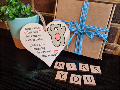 Handmade Wooden Hanging Heart Plaque Gift heres a little bear hug for while we can't be there miss you long distance wall hanger cute rainbow design for family friends grandparents