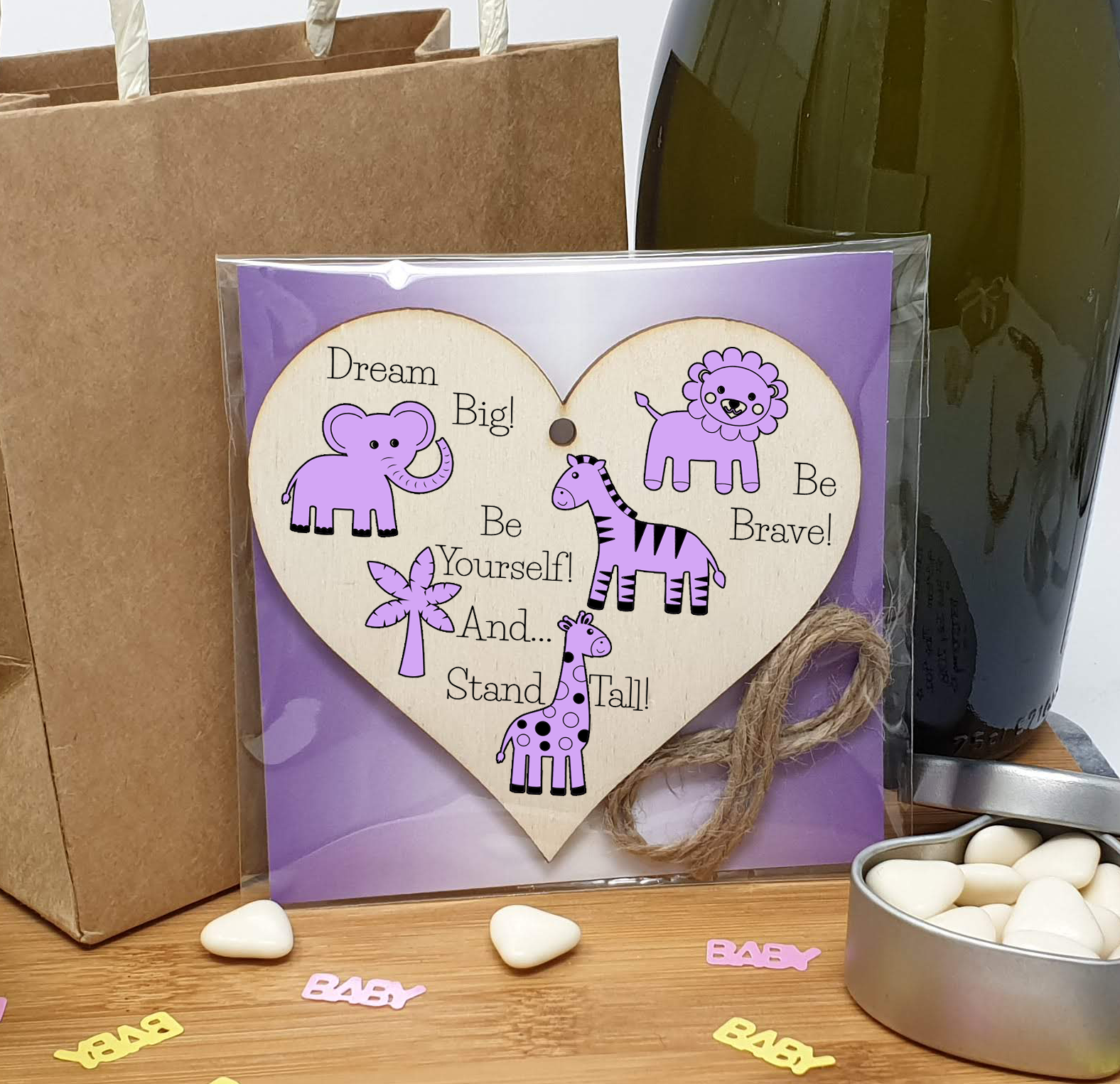Handmade Wooden Hanging Heart Plaque Gift Be Brave Dream Big Be Yourself And Stand Tall new baby present new parents lilac gender neutral safari animals nursery wall decoration