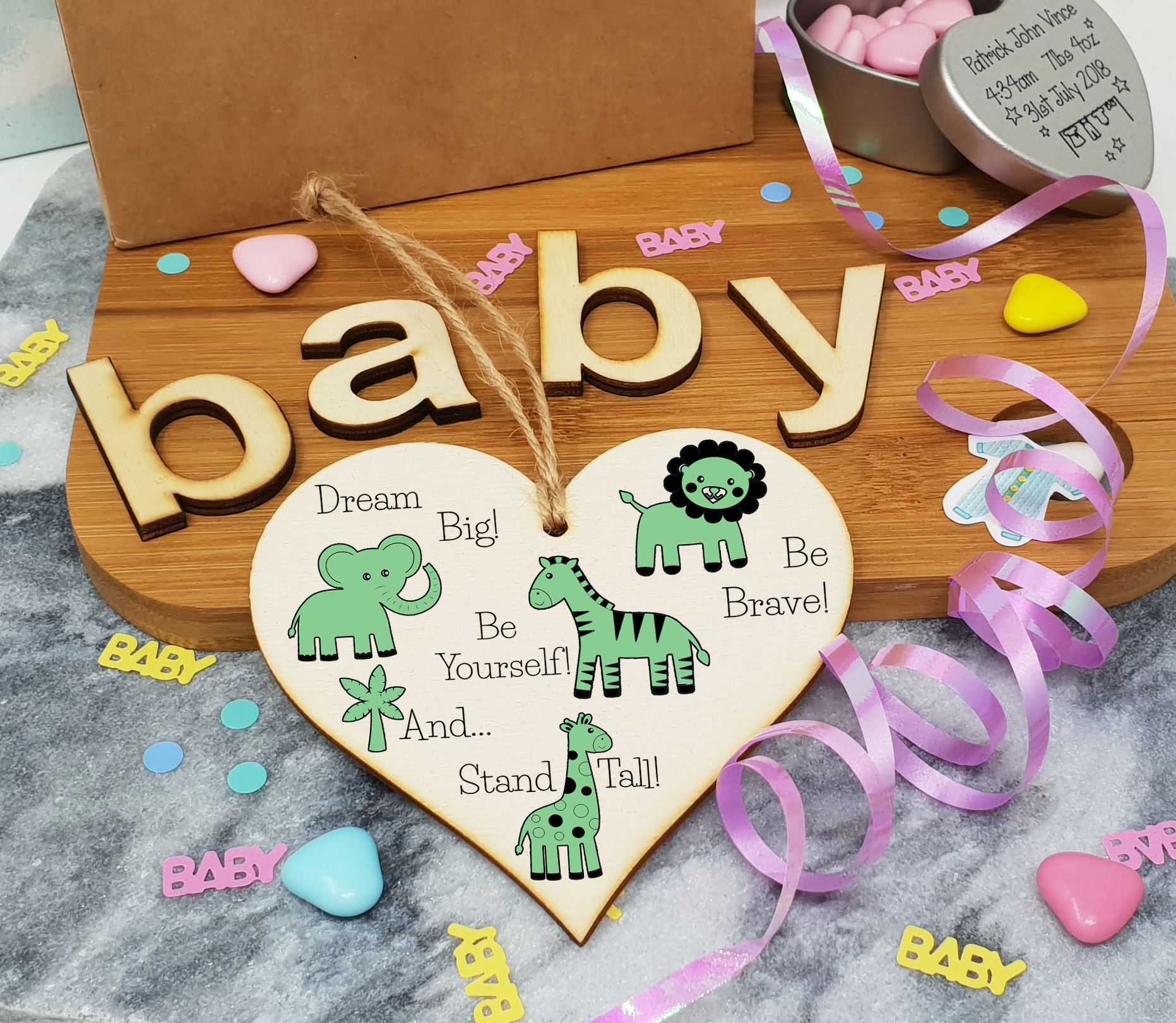 Handmade Wooden Hanging Heart Plaque Gift Be Brave Dream Big Be Yourself And Stand Tall new baby present new parents green gender neutral safari animals nursery wall decoration