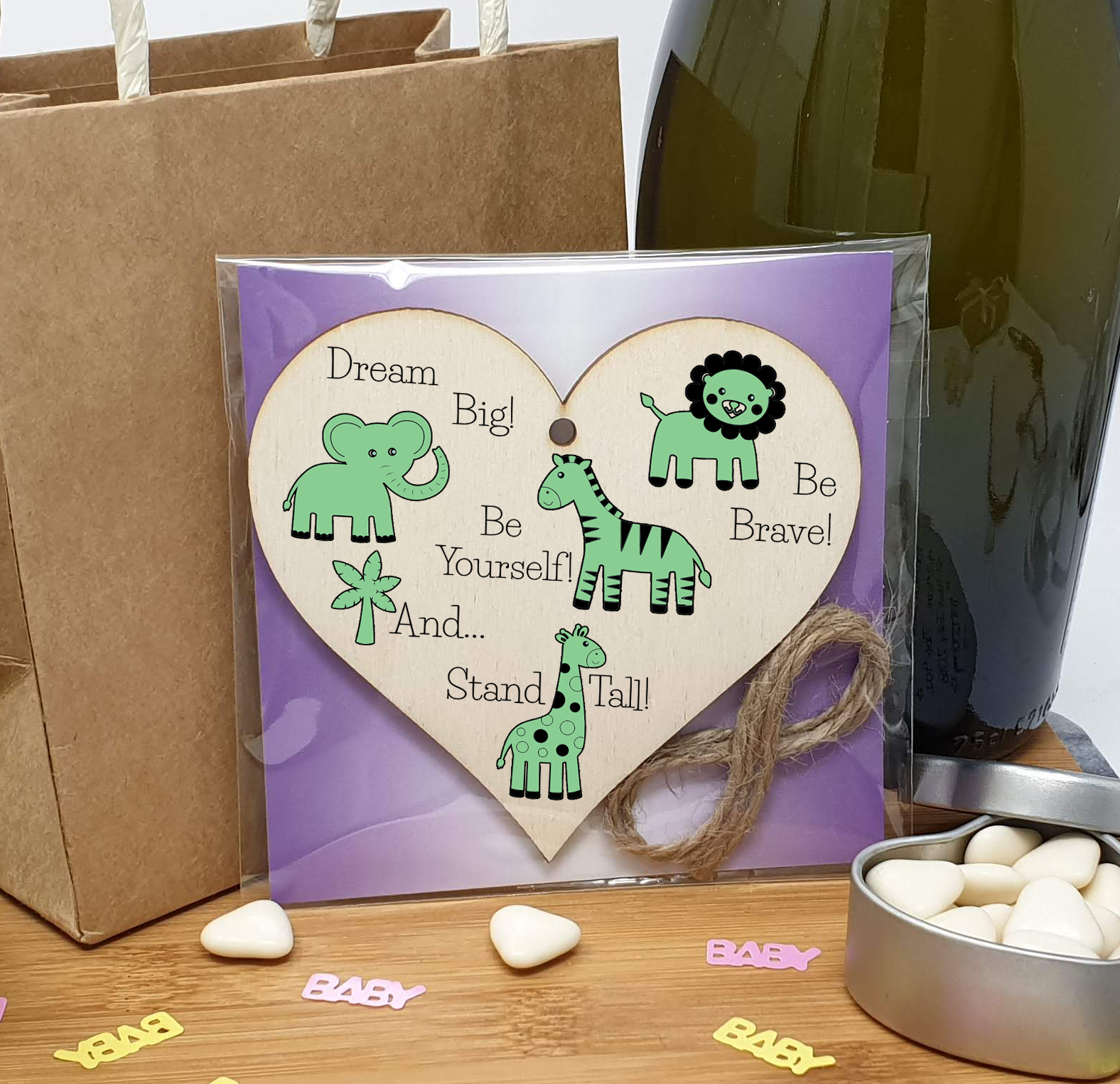 Handmade Wooden Hanging Heart Plaque Gift Be Brave Dream Big Be Yourself And Stand Tall new baby present new parents green gender neutral safari animals nursery wall decoration