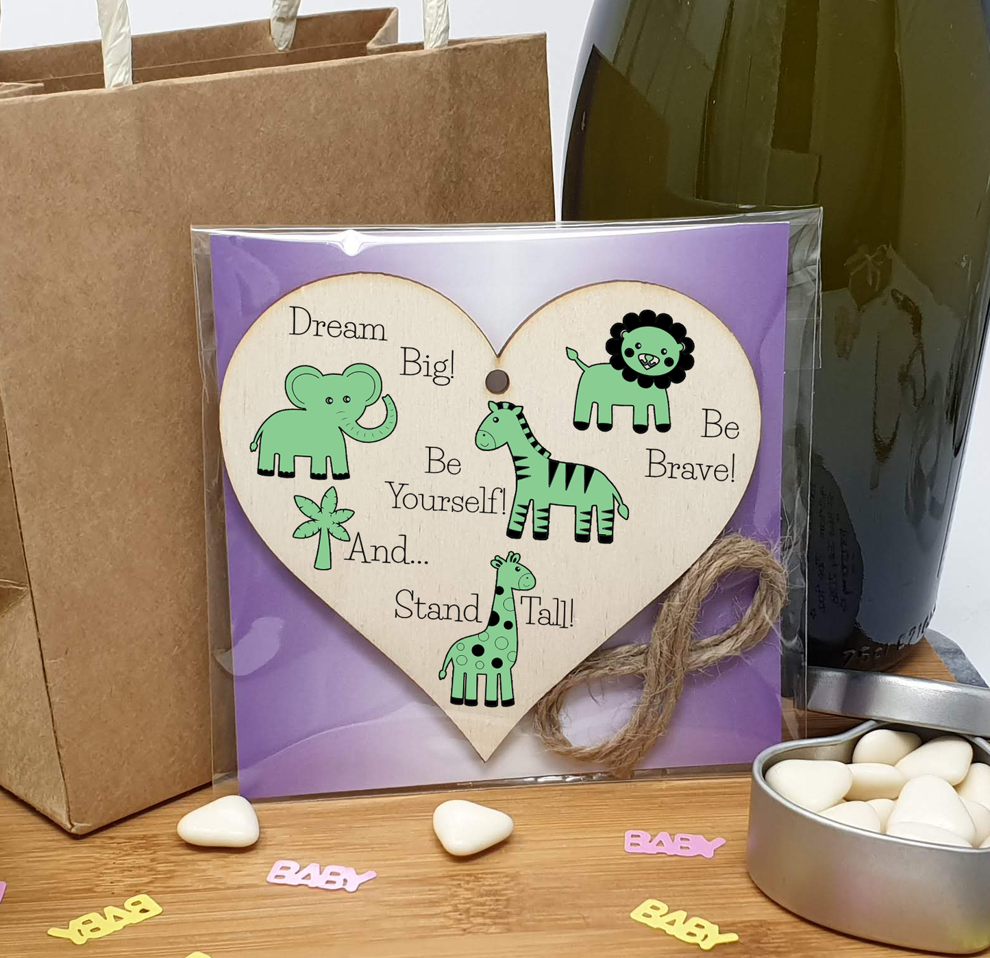 Handmade Wooden Hanging Heart Plaque Gift Be Brave Dream Big Be Yourself And Stand Tall new baby present new parents green gender neutral safari animals nursery wall decoration