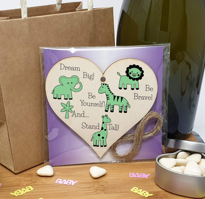 Handmade Wooden Hanging Heart Plaque Gift Be Brave Dream Big Be Yourself And Stand Tall new baby present new parents green gender neutral safari animals nursery wall decoration