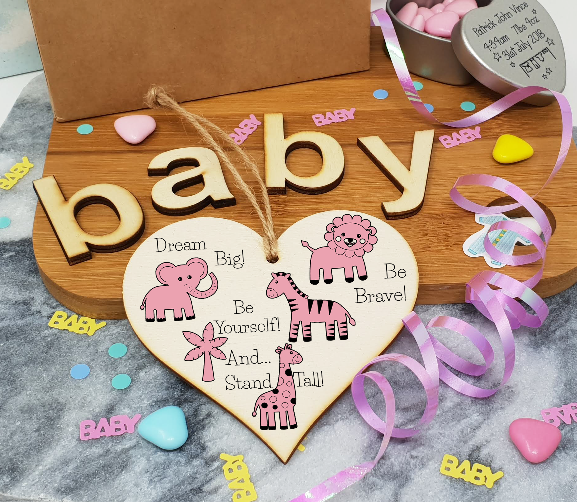 Handmade Wooden Hanging Heart Plaque Gift Be Brave Dream Big Be Yourself And Stand Tall new baby present new parents pink safari animals nursery wall decoration