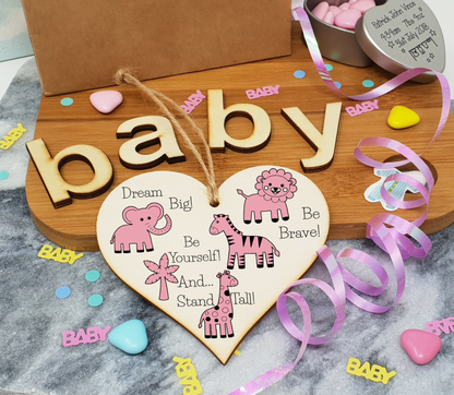Handmade Wooden Hanging Heart Plaque Gift Be Brave Dream Big Be Yourself And Stand Tall new baby present new parents pink safari animals nursery wall decoration