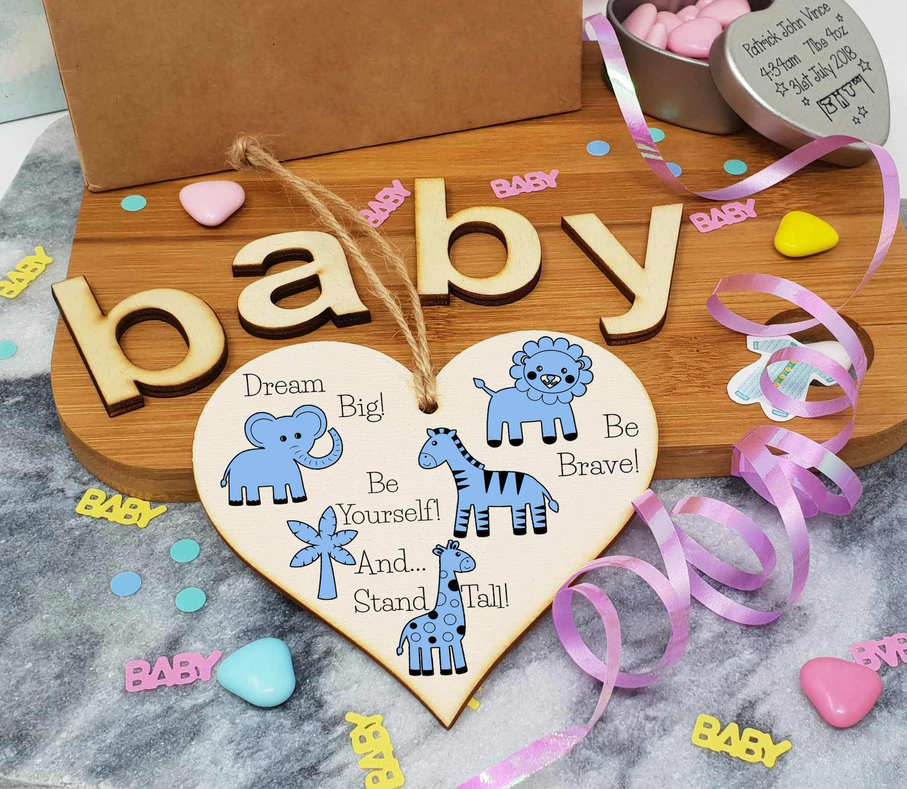 Handmade Wooden Hanging Heart Plaque Gift Be Brave Dream Big Be Yourself And Stand Tall new baby present new parents blue safari animals nursery wall decoration