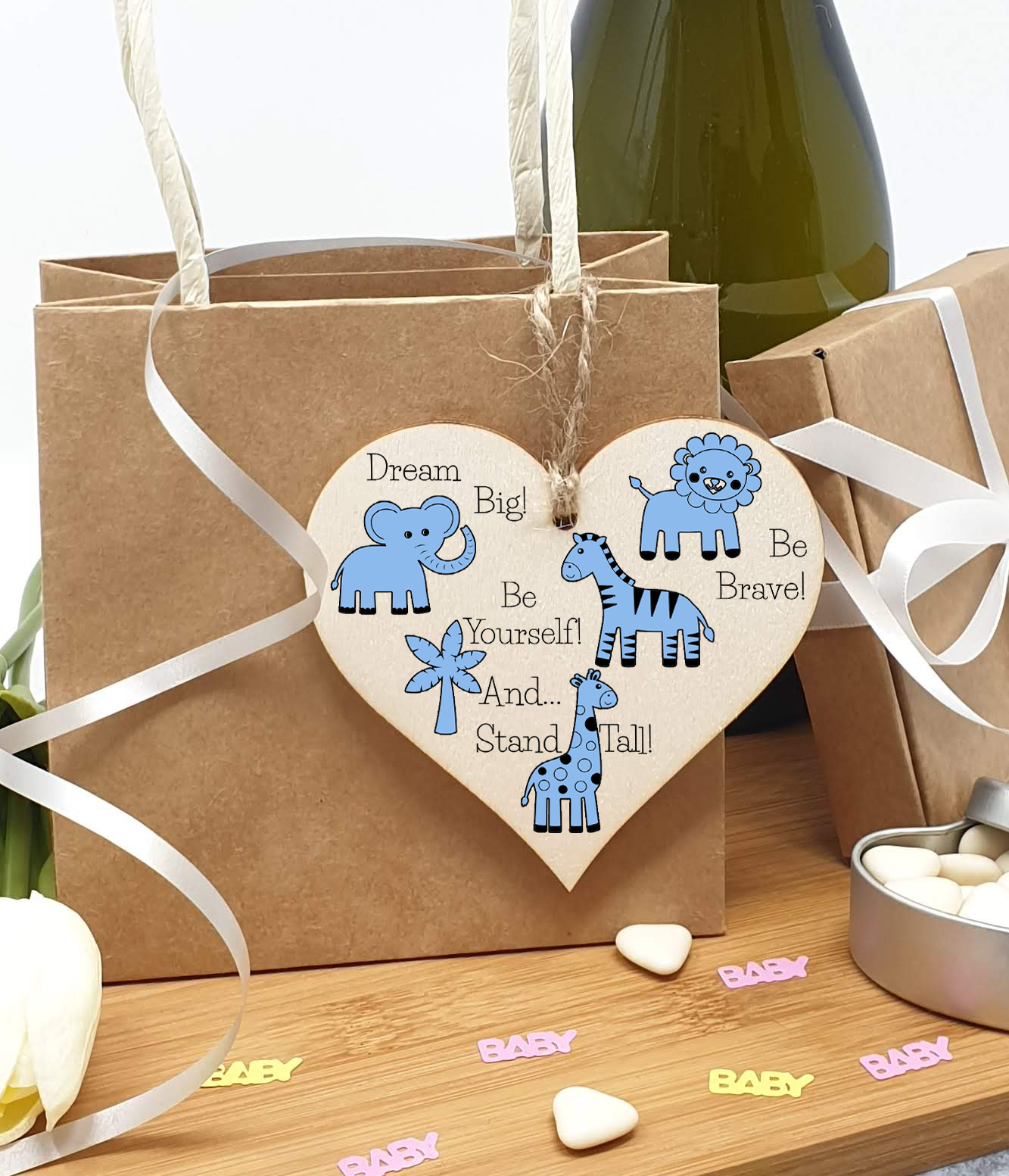 Handmade Wooden Hanging Heart Plaque Gift Be Brave Dream Big Be Yourself And Stand Tall new baby present new parents blue safari animals nursery wall decoration
