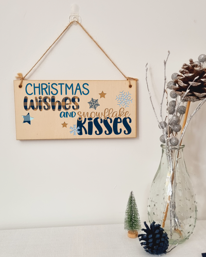 Christmas Wishes Snowflake Kissed Decorative Xmas Sign Handmade Wooden Hanging Wall Plaque Gift Decoration Home