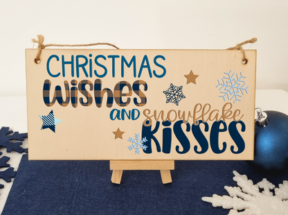 Christmas Wishes Snowflake Kissed Decorative Xmas Sign Handmade Wooden Hanging Wall Plaque Gift Decoration Home