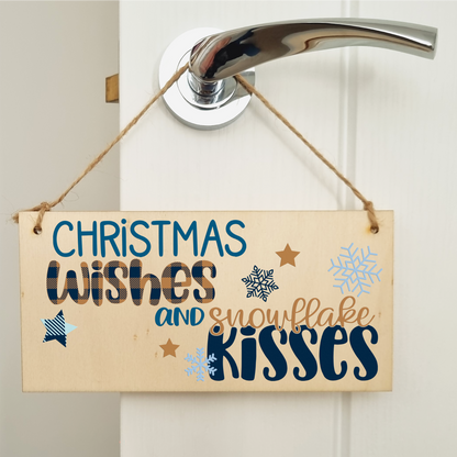 Christmas Wishes Snowflake Kissed Decorative Xmas Sign Handmade Wooden Hanging Wall Plaque Gift Decoration Home