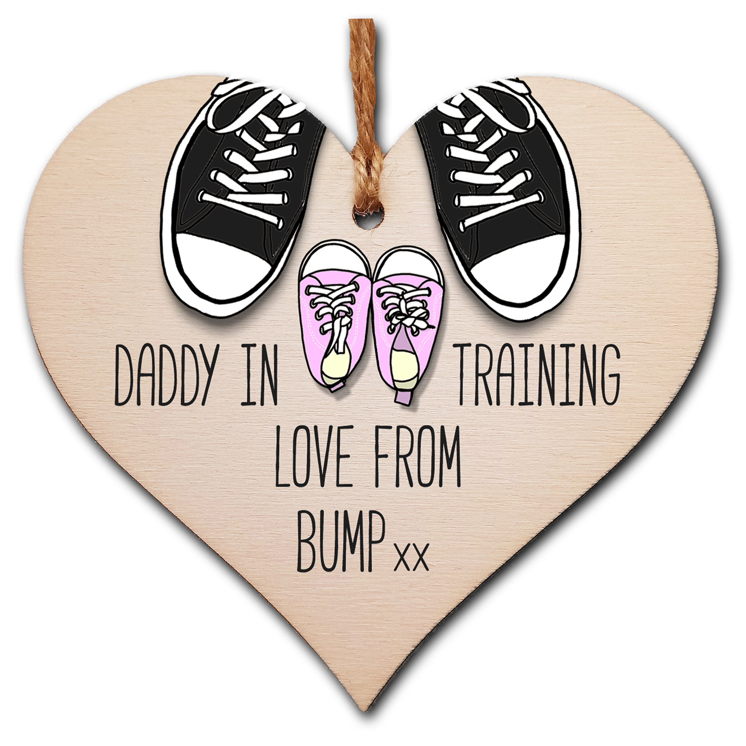 Handmade Wooden Hanging Heart Plaque Gift Daddy in training, love from bump cute little pink shoes dad to be gift tag for from baby girl boy neutral expectant parent card alternative father's day