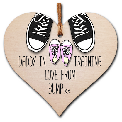 Handmade Wooden Hanging Heart Plaque Gift Daddy in training, love from bump cute little pink shoes dad to be gift tag for from baby girl boy neutral expectant parent card alternative father's day