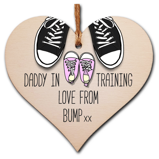 Handmade Wooden Hanging Heart Plaque Gift Daddy in training, love from bump cute little pink shoes dad to be gift tag for from baby girl boy neutral expectant parent card alternative father's day