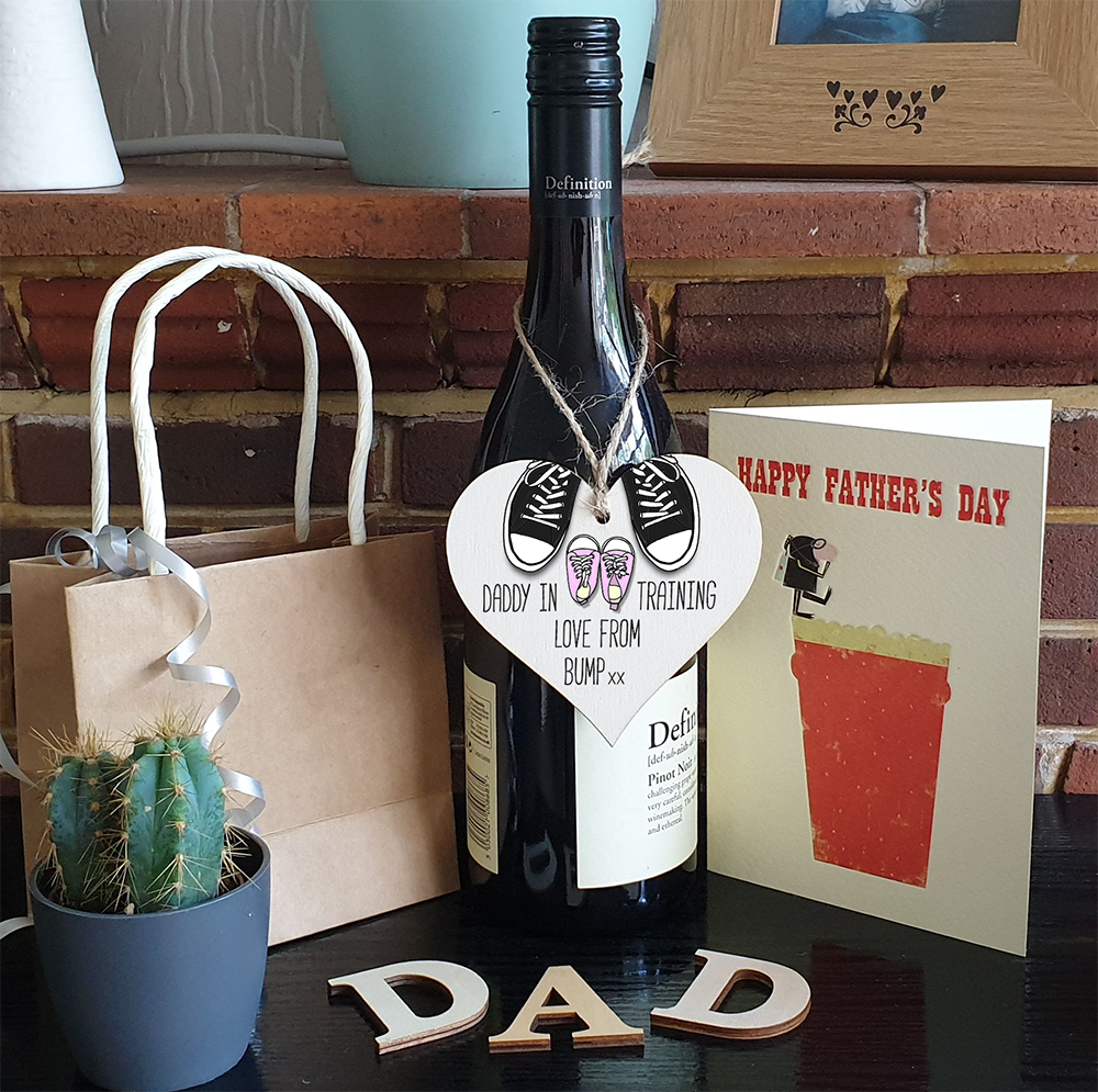 Handmade Wooden Hanging Heart Plaque Gift Daddy in training, love from bump cute little pink shoes dad to be gift tag for from baby girl boy neutral expectant parent card alternative father's day