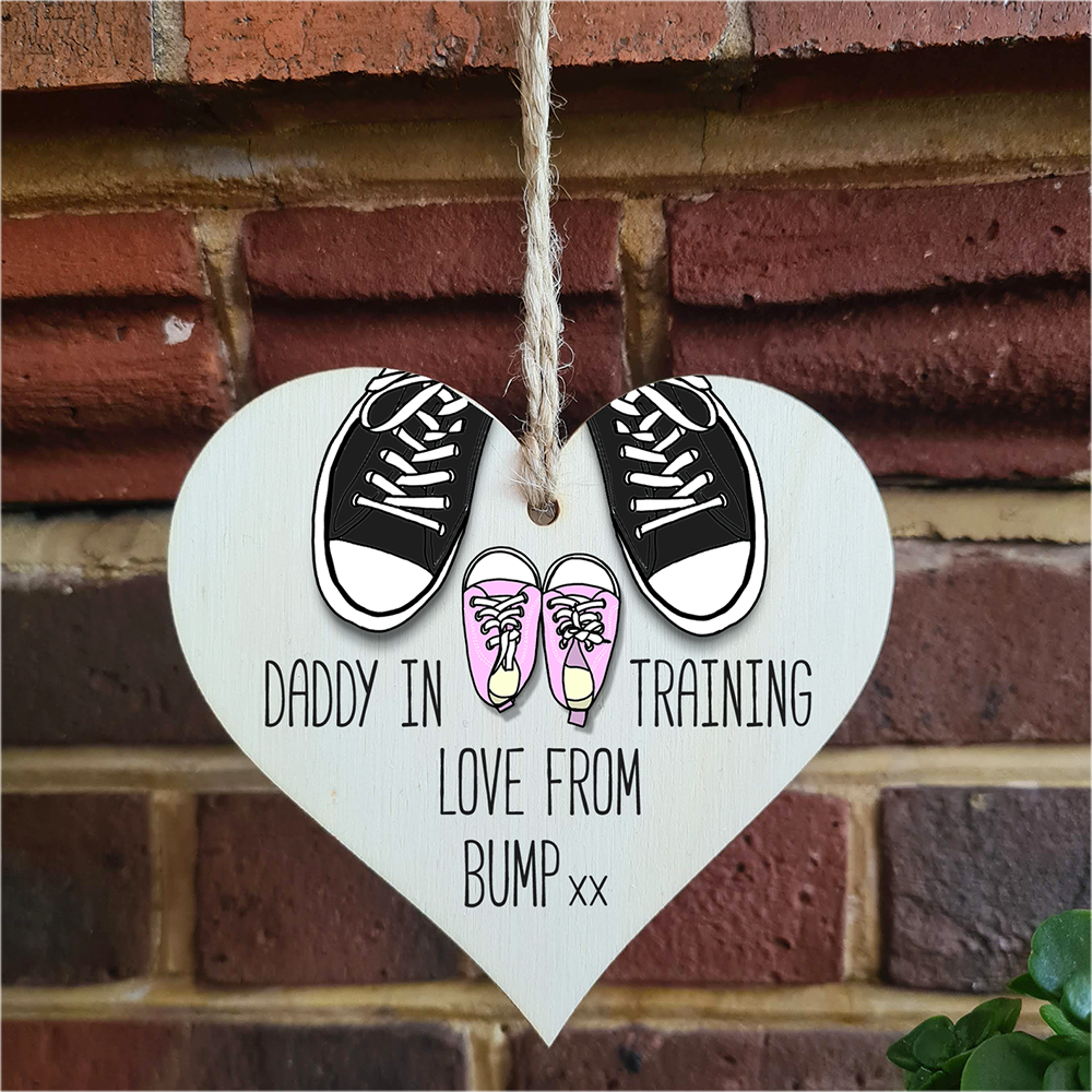 Handmade Wooden Hanging Heart Plaque Gift Daddy in training, love from bump cute little pink shoes dad to be gift tag for from baby girl boy neutral expectant parent card alternative father's day