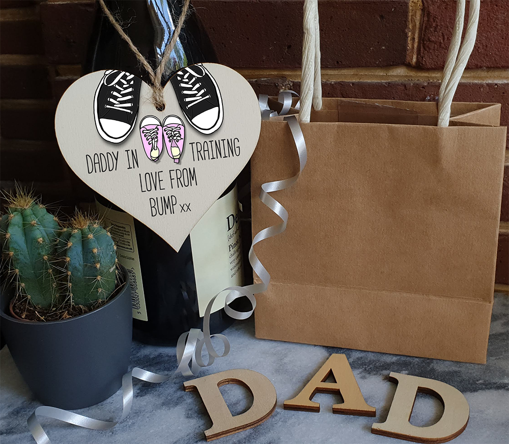 Handmade Wooden Hanging Heart Plaque Gift Daddy in training, love from bump cute little pink shoes dad to be gift tag for from baby girl boy neutral expectant parent card alternative father's day