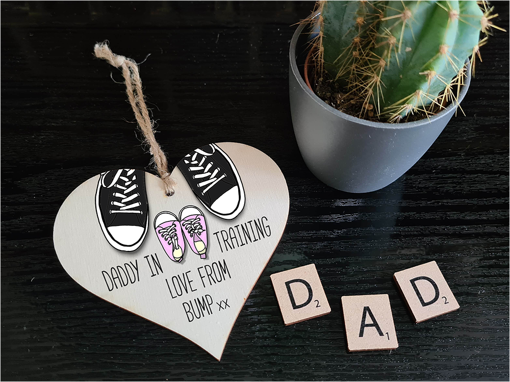 Handmade Wooden Hanging Heart Plaque Gift Daddy in training, love from bump cute little pink shoes dad to be gift tag for from baby girl boy neutral expectant parent card alternative father's day