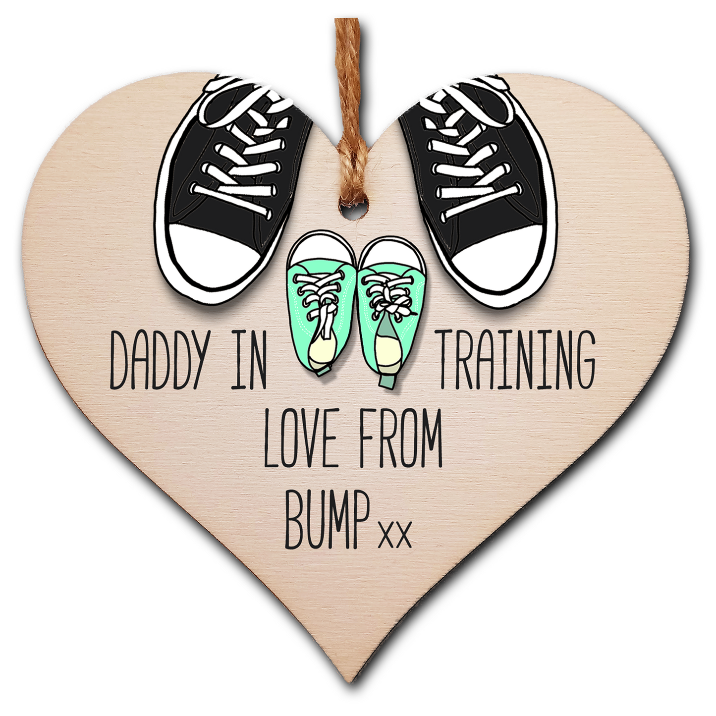 Handmade Wooden Hanging Heart Plaque Gift Daddy in training, love from bump cute little green shoes dad to be gift tag for from baby girl boy neutral expectant parent card alternative father's day