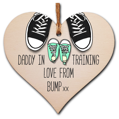 Handmade Wooden Hanging Heart Plaque Gift Daddy in training, love from bump cute little green shoes dad to be gift tag for from baby girl boy neutral expectant parent card alternative father's day