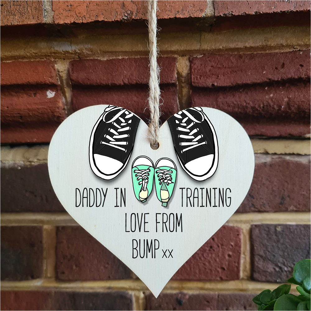 Handmade Wooden Hanging Heart Plaque Gift Daddy in training, love from bump cute little green shoes dad to be gift tag for from baby girl boy neutral expectant parent card alternative father's day