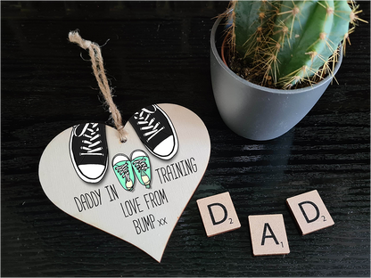 Handmade Wooden Hanging Heart Plaque Gift Daddy in training, love from bump cute little green shoes dad to be gift tag for from baby girl boy neutral expectant parent card alternative father's day