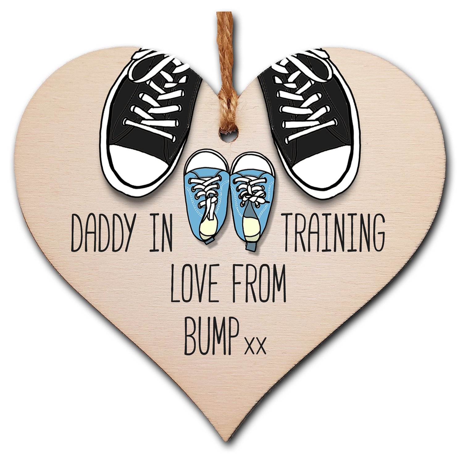 Handmade Wooden Hanging Heart Plaque Gift Daddy in training, love from bump cute little blue shoes dad to be gift tag for from baby girl boy neutral expectant parent card alternative father's day