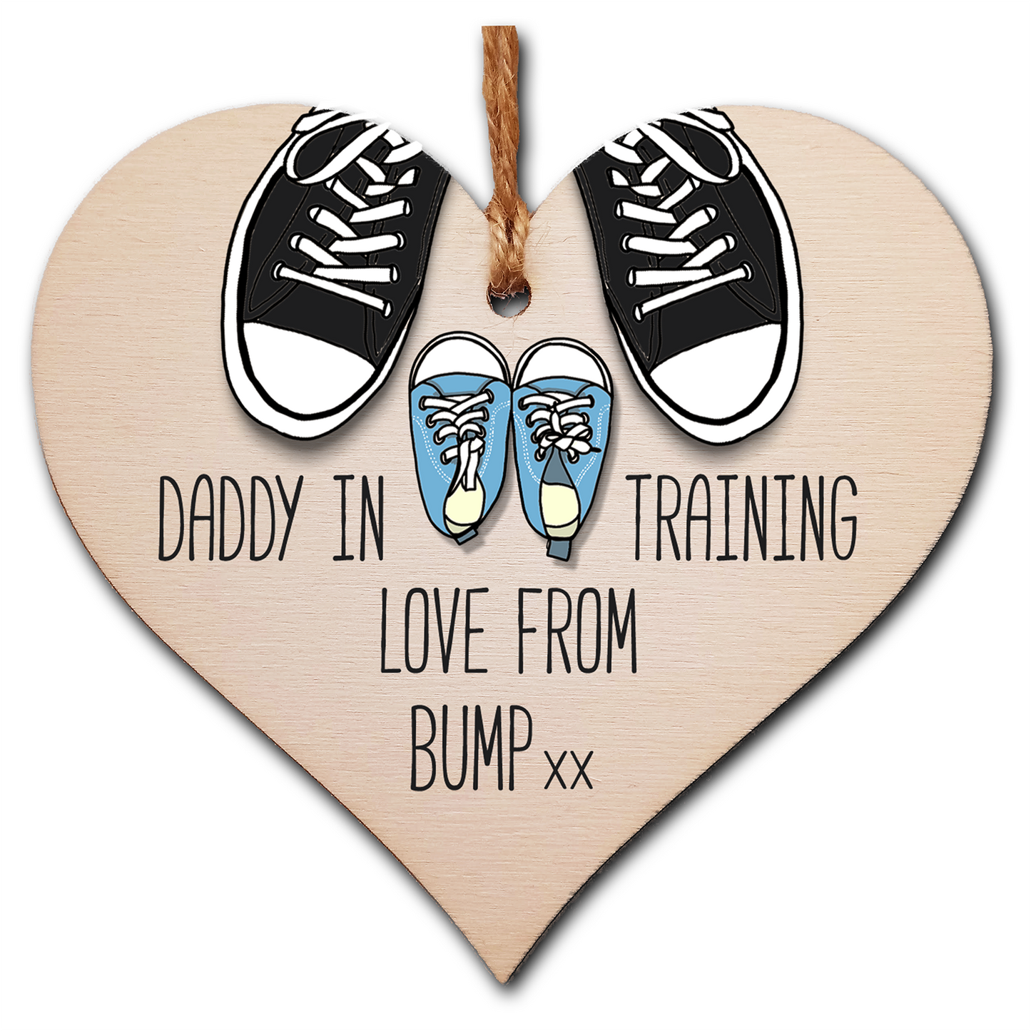 Handmade Wooden Hanging Heart Plaque Gift Daddy in training, love from bump cute little blue shoes dad to be gift tag for from baby girl boy neutral expectant parent card alternative father's day