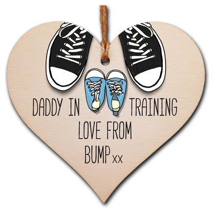 Handmade Wooden Hanging Heart Plaque Gift Daddy in training, love from bump cute little blue shoes dad to be gift tag for from baby girl boy neutral expectant parent card alternative father's day