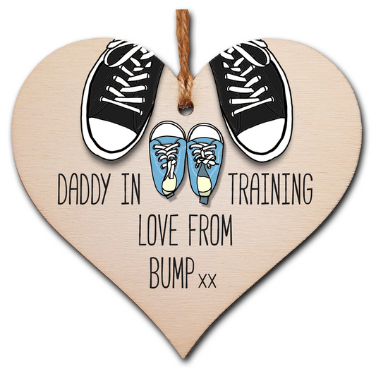 Handmade Wooden Hanging Heart Plaque Gift Daddy in training, love from bump cute little blue shoes dad to be gift tag for from baby girl boy neutral expectant parent card alternative father's day