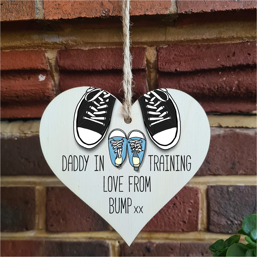 Handmade Wooden Hanging Heart Plaque Gift Daddy in training, love from bump cute little blue shoes dad to be gift tag for from baby girl boy neutral expectant parent card alternative father's day