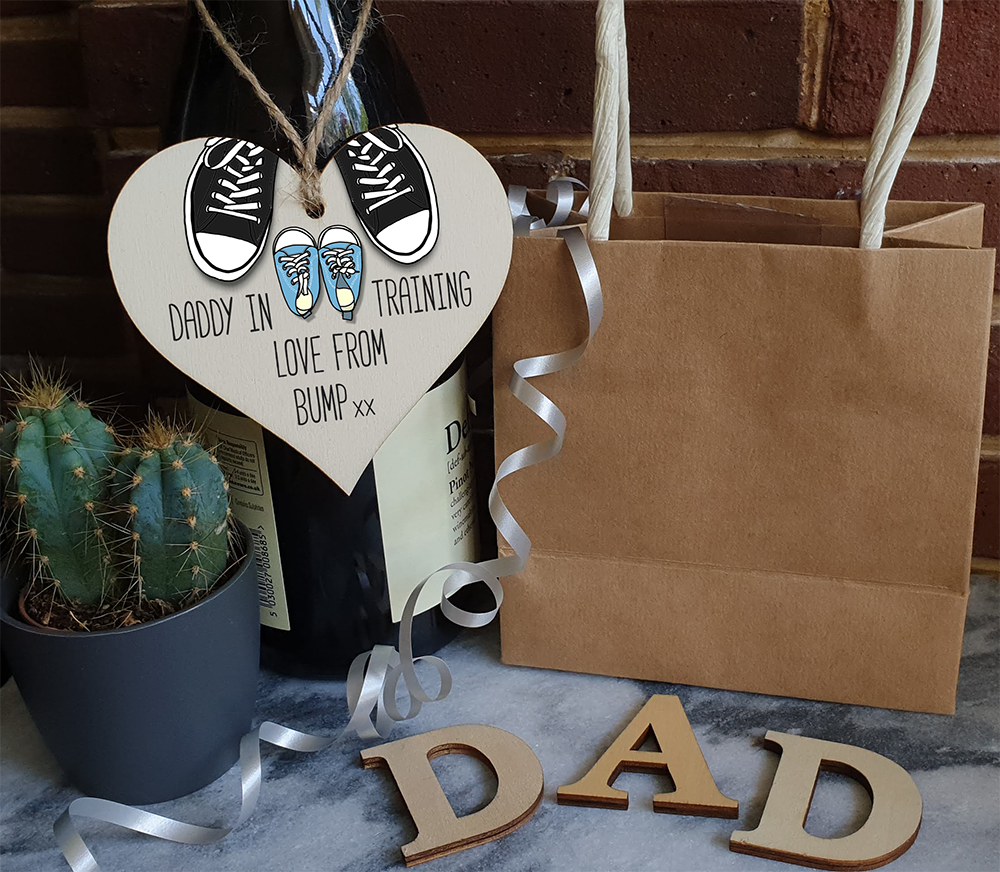 Handmade Wooden Hanging Heart Plaque Gift Daddy in training, love from bump cute little blue shoes dad to be gift tag for from baby girl boy neutral expectant parent card alternative father's day
