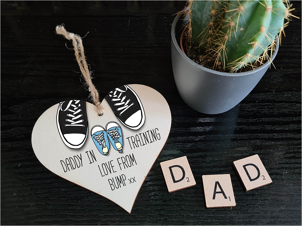Handmade Wooden Hanging Heart Plaque Gift Daddy in training, love from bump cute little blue shoes dad to be gift tag for from baby girl boy neutral expectant parent card alternative father's day