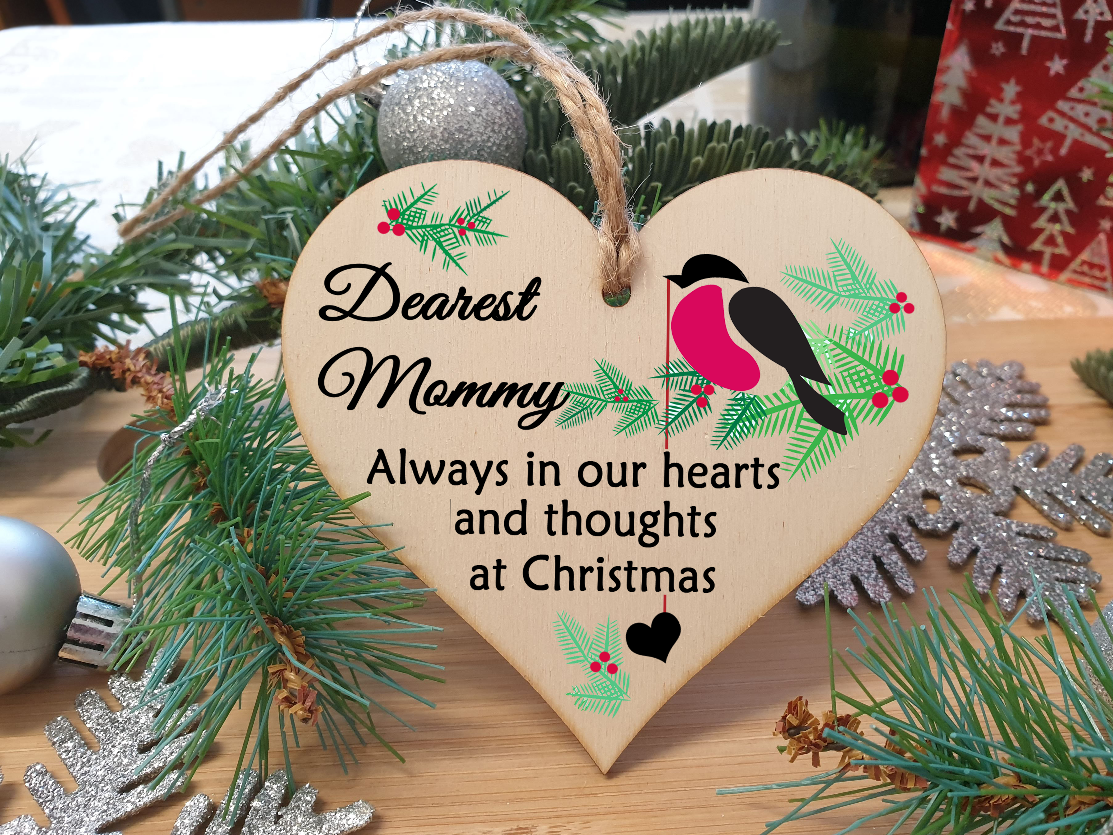 Handmade Wooden Christmas Hanging Heart Plaque Gift Always in our hearts and thoughts at Xmas lost loved ones tree decoration rememberance sentimental present