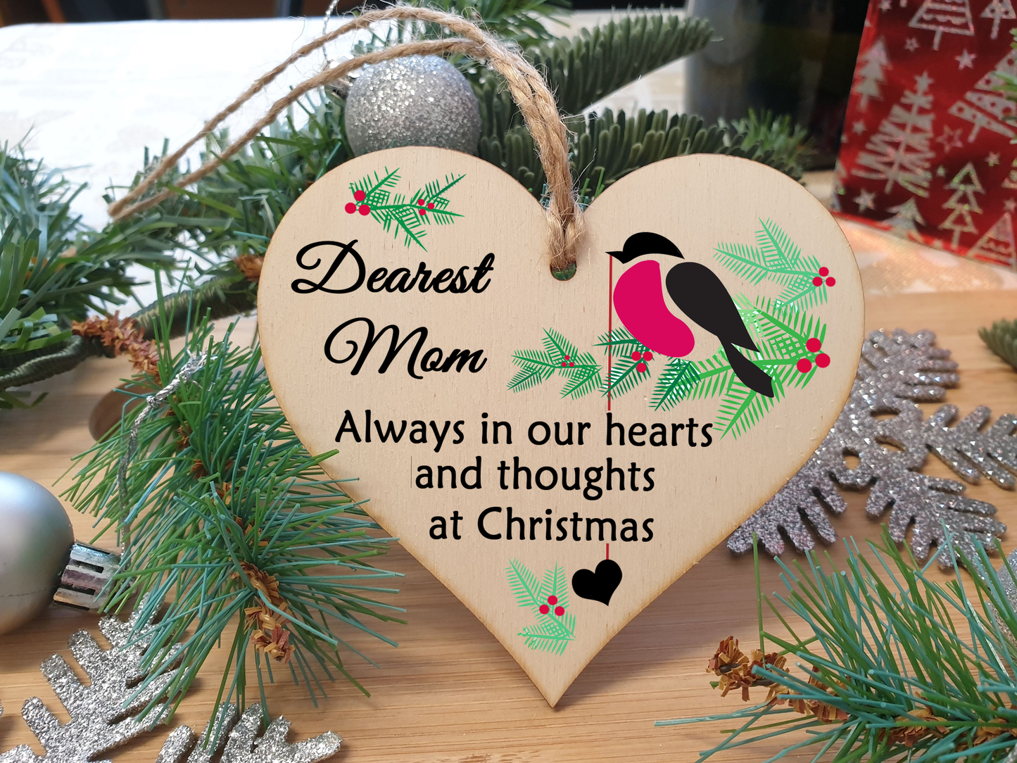 Handmade Wooden Christmas Hanging Heart Plaque Gift Always in our hearts and thoughts at Xmas lost loved ones tree decoration rememberance sentimental present
