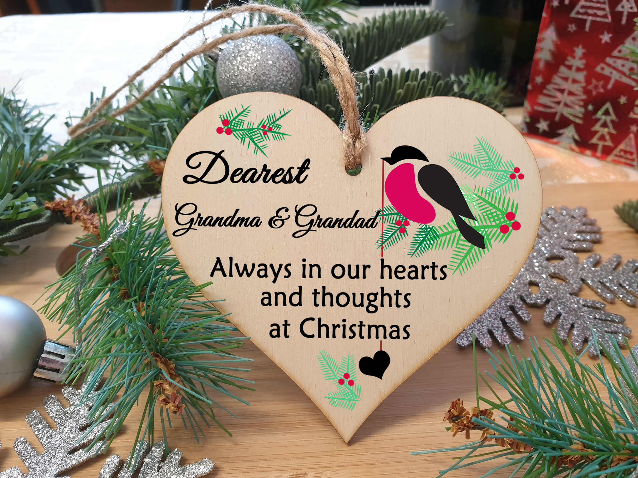 Handmade Wooden Christmas Hanging Heart Plaque Gift Always in our hearts and thoughts at Xmas lost loved ones tree decoration rememberance sentimental present